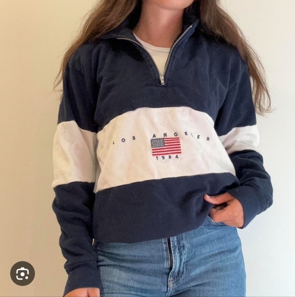 Brandy Melville Sweaters - John Galt Woman’s 1/4 Zip Pullover Sweater Navy Blue Sz S Collared LA 1984